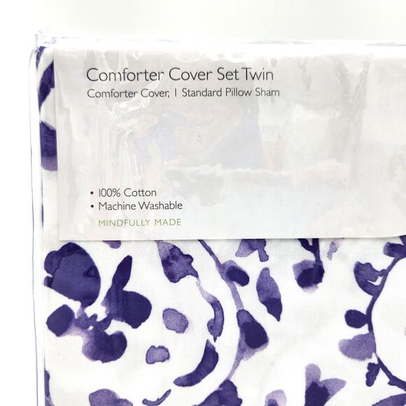 Sky Emilia White/Lilac 100% Cotton Paisley Boho Duvet/Pillow Sham Set Size Twin - Picture 4 of 6